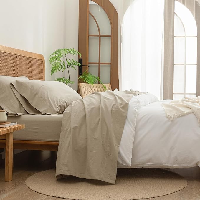 BESTOUCH Flat Sheet Only 100% Washed Cotton Linen Feel Wrinkle-Free, - Image 5