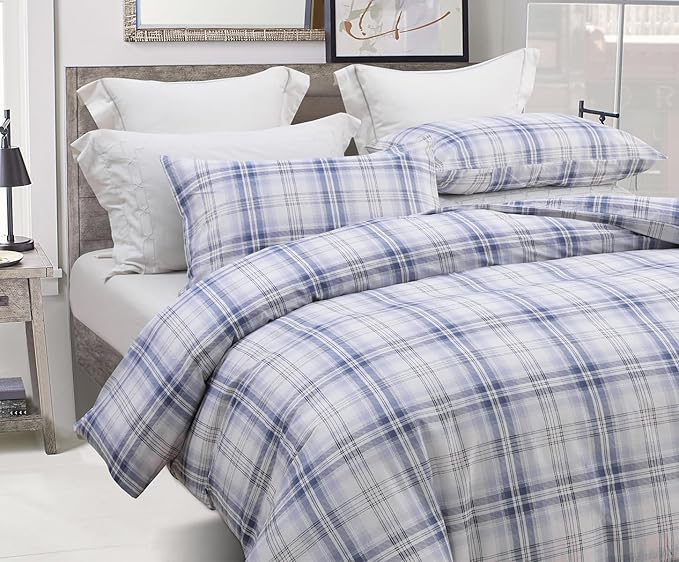 SLEEPBELLA Blue White Grid Duvet Cover Set, 100% Cotton Bedding, Buffalo Plaid by SLEEPBELLA