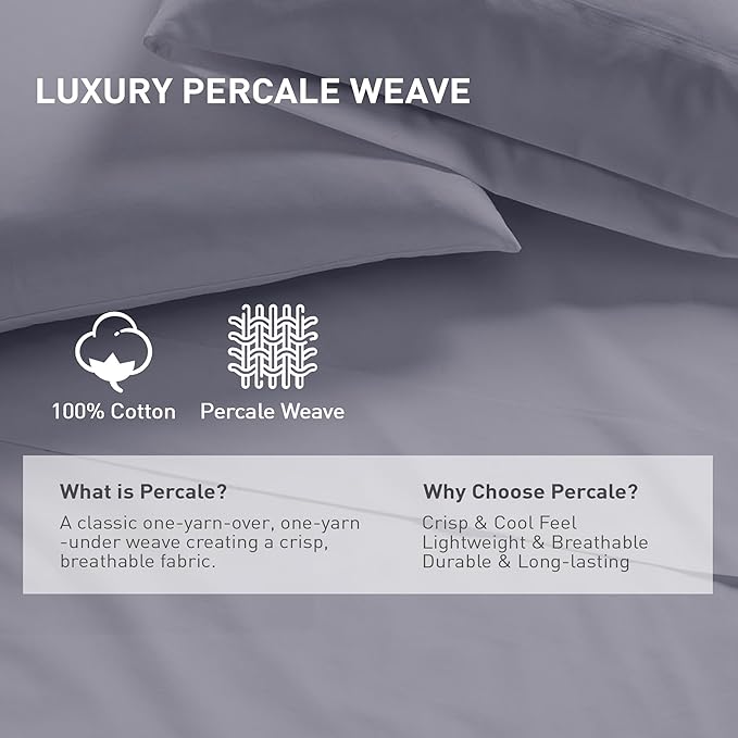 Queen Size Flat Sheet 2 Pack, 100% Cotton Percale Flat Bed Sheet, Breathable - Image 2