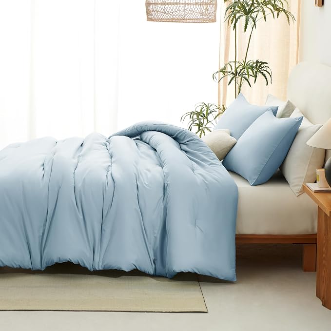 CozyLux Full Size Comforter Set Light Blue, 3 Pieces Solid Breathable Quilted - Image 8