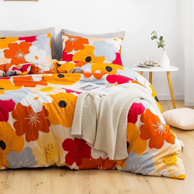 SUSYBAO Orange Flower Duvet Cover King 100% Cotton Burnt Orange Floral Duvet - Image 2