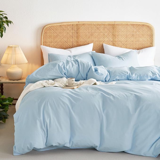 Wake In Cloud - Cotton Duvet Cover Set, Twin Size, Sky Blue, 100% Washed Cotton by WakeInCloud