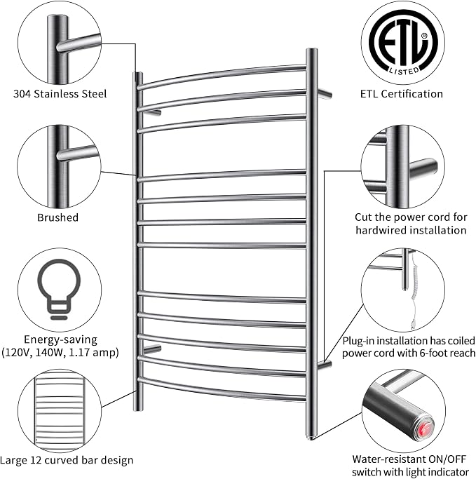 HEATGENE Towel Warmer Wall Mount Electric Plug-in/Hardwired Heated Towel Rack - Image 2