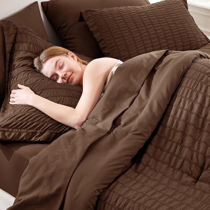 CozyLux Queen Comforter Set Brown Seersucker 7 Pieces Bed in a Bag Queen - Image 5
