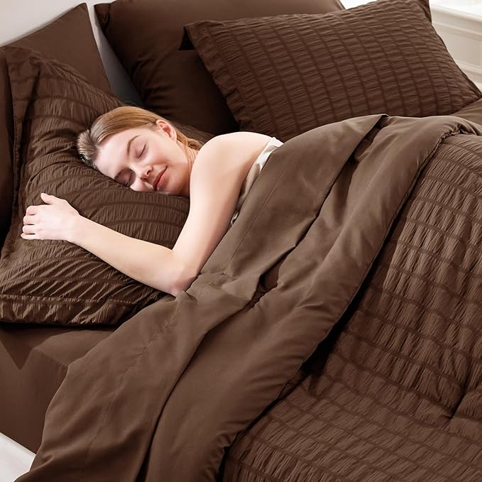 CozyLux Oversized Queen Comforter Set Brown Seersucker 7 Pieces 98x98 Bed in a - Image 5