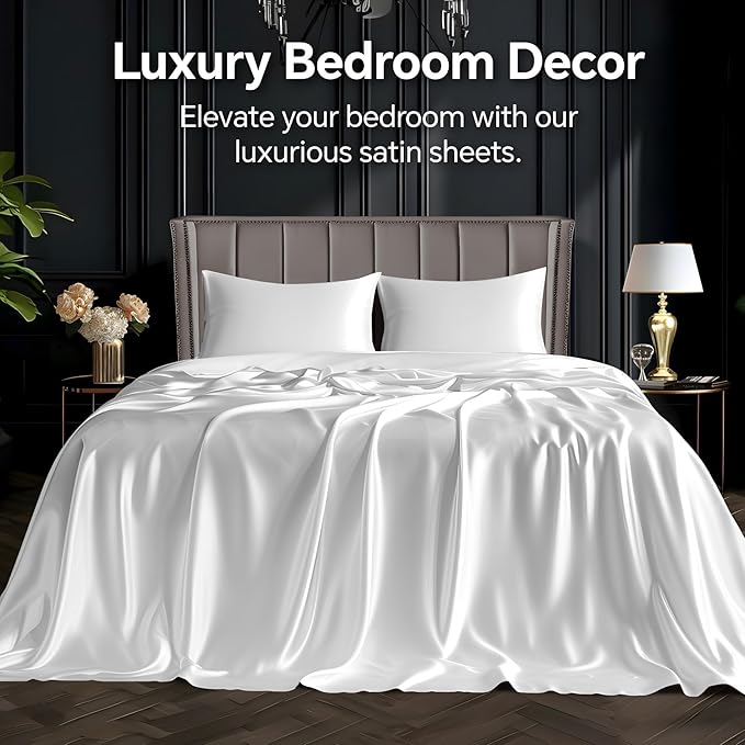 BEDELITE Satin Sheets Twin Size Bed Set, Luxury Soft White Silky Sheets - Image 2