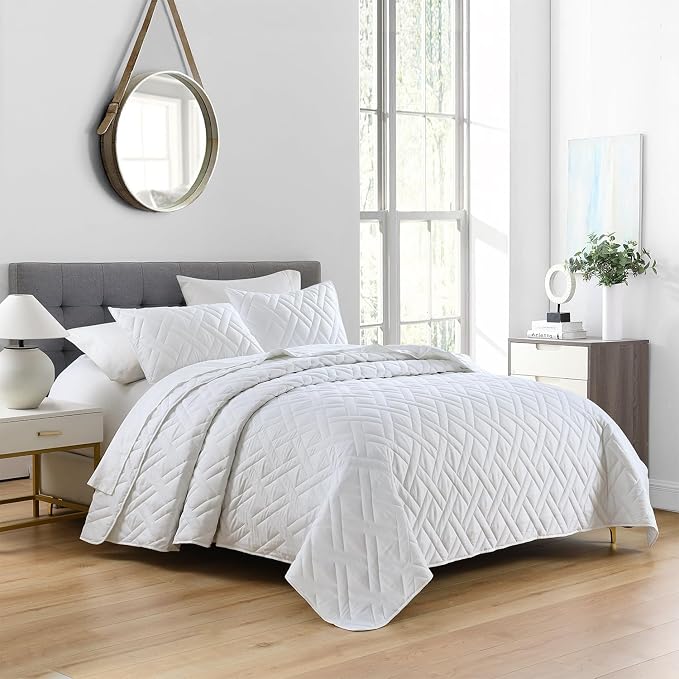 HORIMOTE HOME Quilt Set King Size White, Classic Geometric Diamond Stitched - Image 2