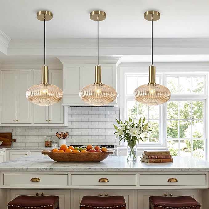 KCO Lighting Vintage Gold Pendant Light Fixture Amber Glass Pendant Light Mid - Image 4