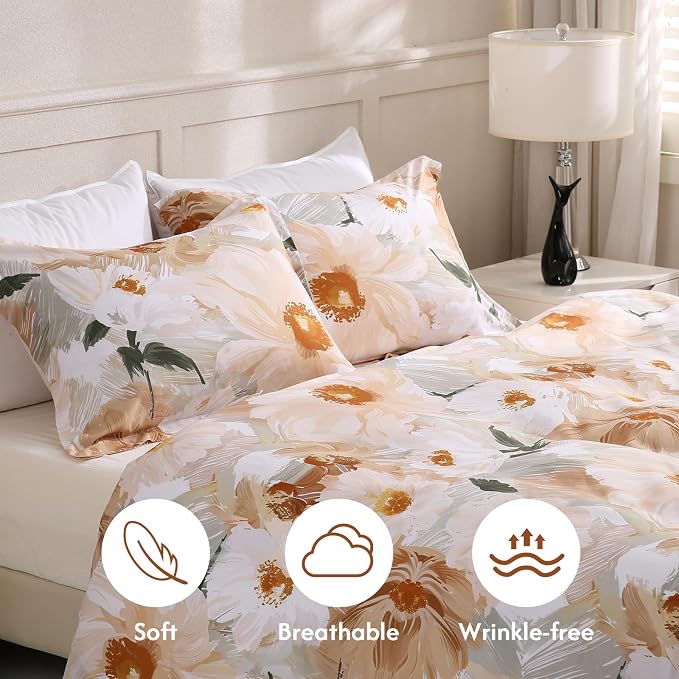 LONAVA King Flower 3 Pcs Duvet Cover Set, Breathable Soft Microfiber Biege - Image 3