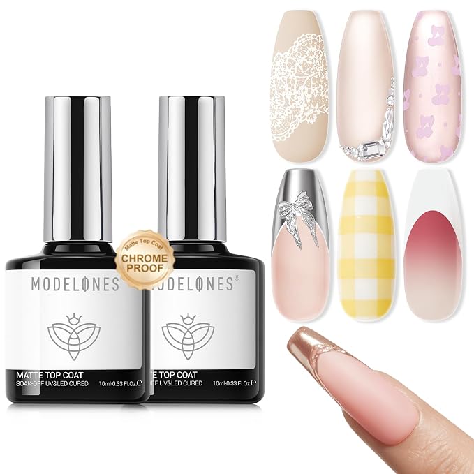 modelones 2PCS Matte Gel Top Coat Chrome Proof, Powder-Resistant No Wipe Velvet by MODELONES
