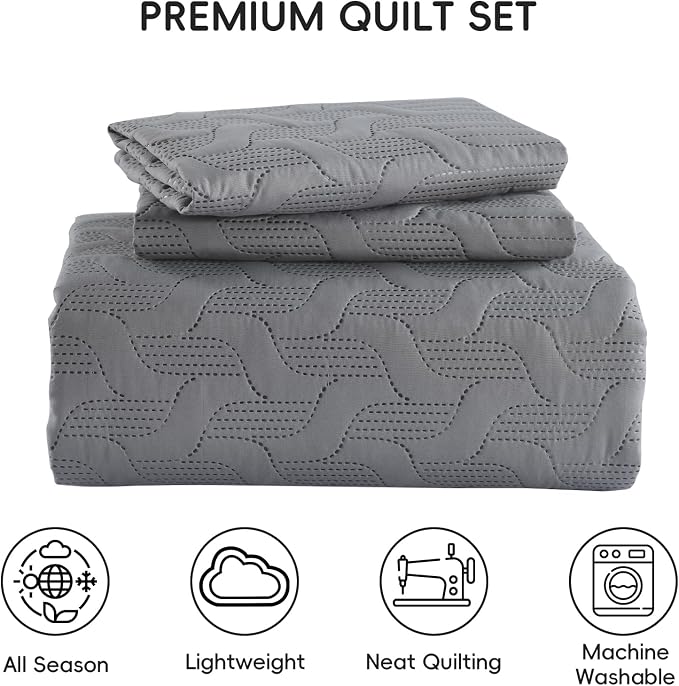 Yiran Grey Quilt Set King Size Lightweight Bedspread Ultrasonic Wave Pattern - Image 8