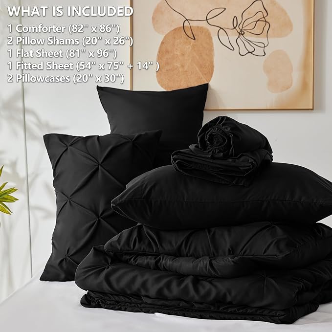 CozyLux Full Size Comforter Sets Black, 7 Pieces Pintuck Bed in A Bag Black - Image 7