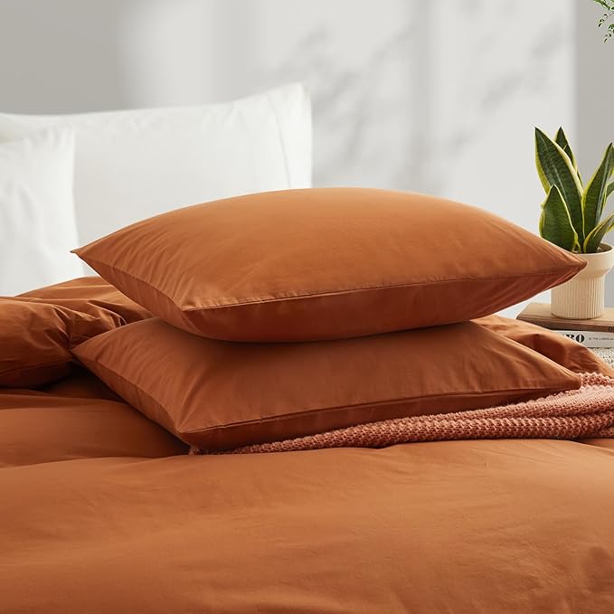 Burnt Orange Duvet Cover Full Size, 100% Washed Cotton Linen Like Bedding Set - Image 3
