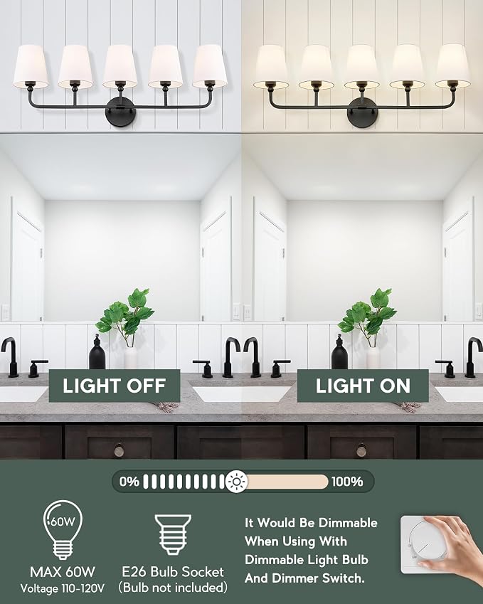 Bathroom Light Fixtures, 5 Light Matte Black Vanity Lights - Image 5