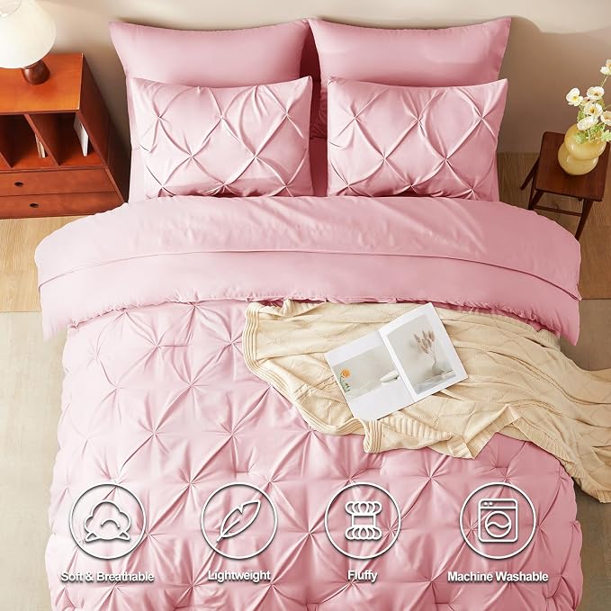 HIMEET Pintuck Bed in a Bag, 7 Pieces Queen Size Comforter Set Pink, Luxury - Image 2