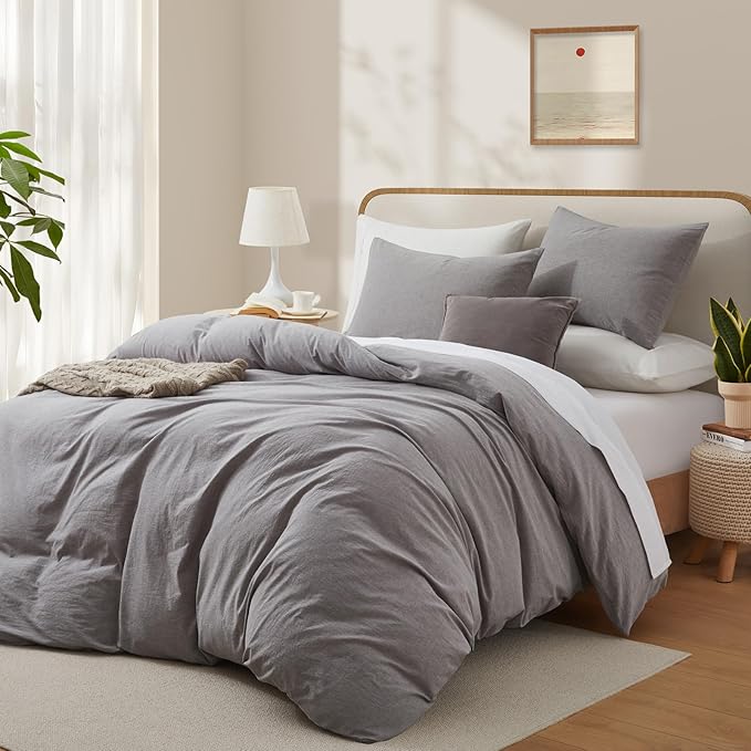 LOVQUE Light Grey Cotton Duvet Cover King Size, Linen Like Natural Bedding Set - Image 2