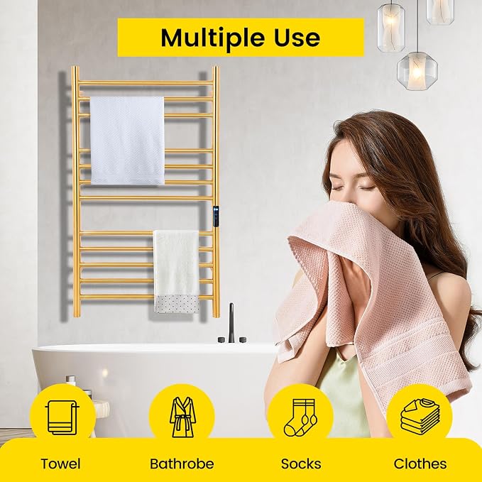 12-Bars Gold Heated Towel Rack–23" Wall Mounted Towel Warmer - Image 6