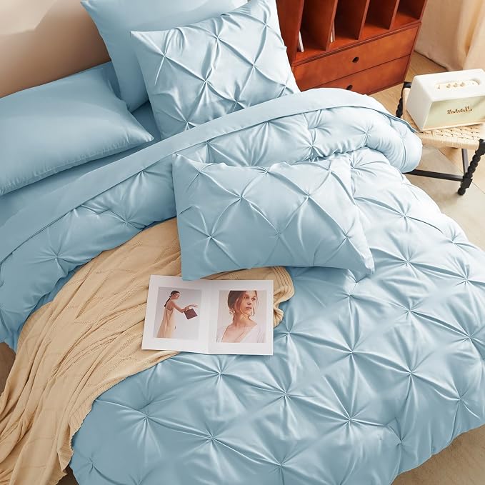 CozyLux Twin XL Comforter Set Light Blue, 5 Pieces Twin Extra Long Pintuck Bed - Image 4