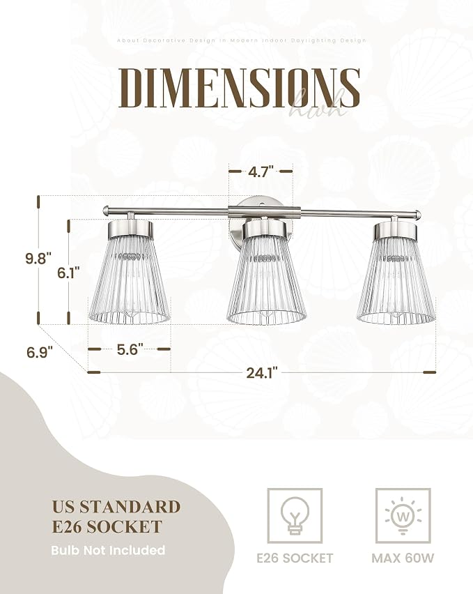 Brushed Nickel Bathroom Vanity Light, HWH 3-Light Vanity Lights - Image 2