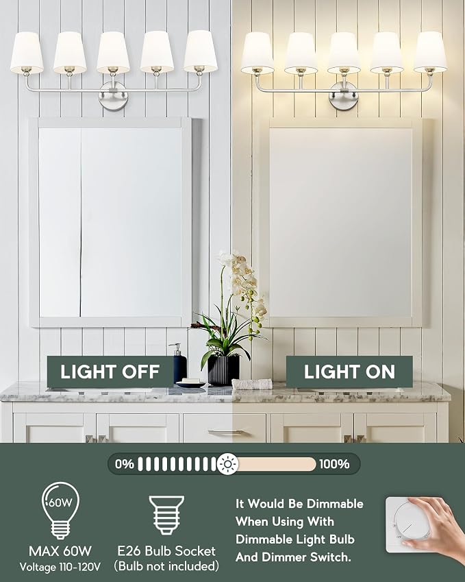 Bathroom Light Fixtures, 5 Light Brushed Nickel Vanity Lights - Image 4