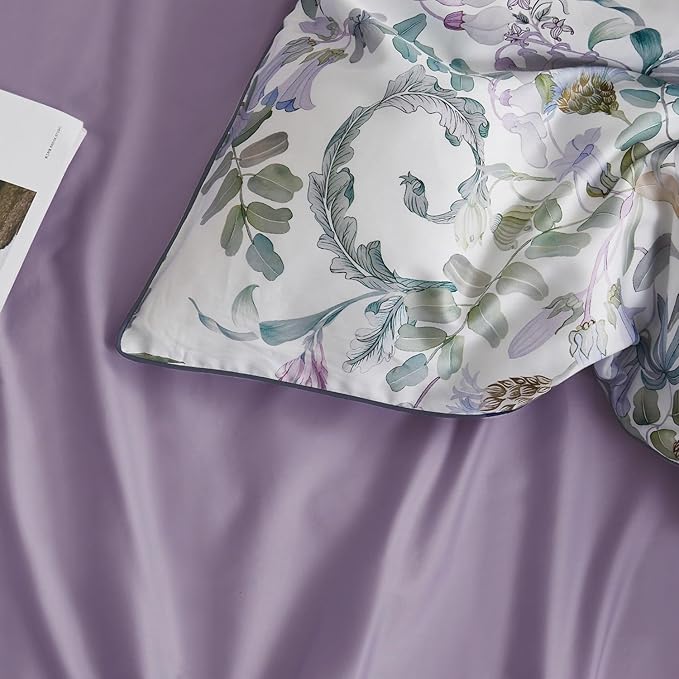mixinni Garden Style Purple Floral Printed on White Duvet Cover Queen Size - Image 3