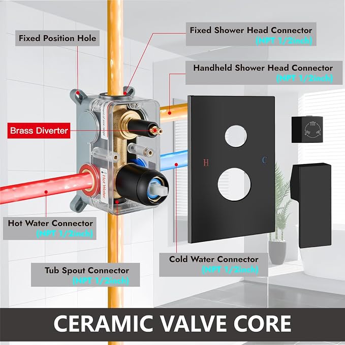 Midanya Shower System with Tub Spout, Bathtub Shower Faucet Set with Square - Image 7