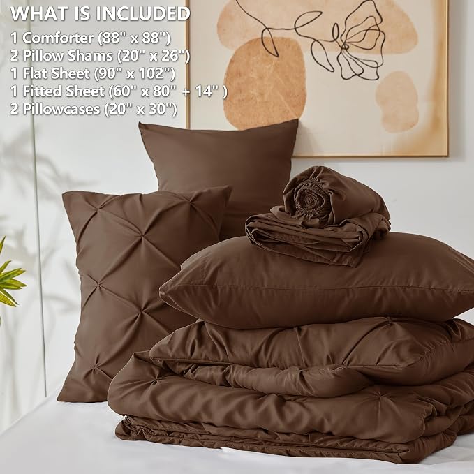 CozyLux Queen Comforter Set Brown, 7 Pieces Pintuck Bed in A Bag, Premium Brown - Image 7