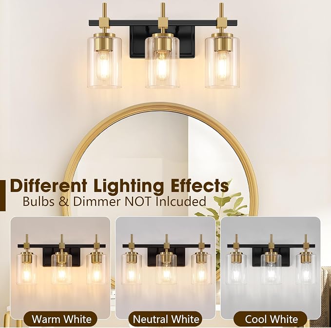 Asnxcju 3-Light Black and Gold Bathroom Light Fixtures, Vanity Lights - Image 4