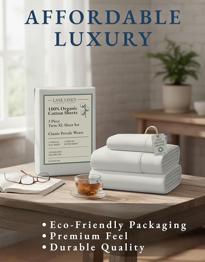 LANE LINEN 100% Organic Cotton Twin XL Sheets Set 3-Piece Pure Percale Soft - Image 8