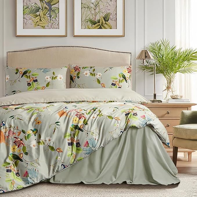 mixinni Duvet Cover Queen Size Set Floral Leaves Pattern Cotton Bird Printed by mixinni