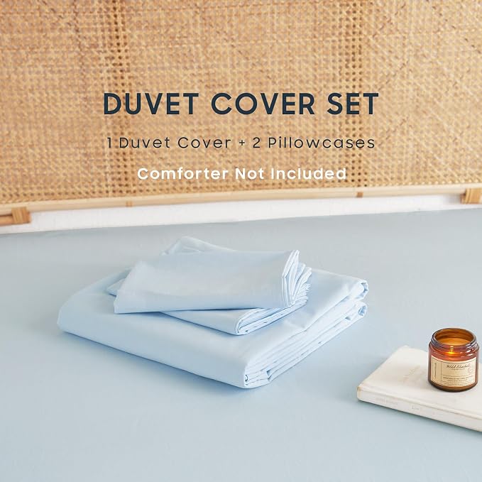 Wake In Cloud - Cotton Duvet Cover Set, Twin Size, Sky Blue, 100% Washed Cotton - Image 2