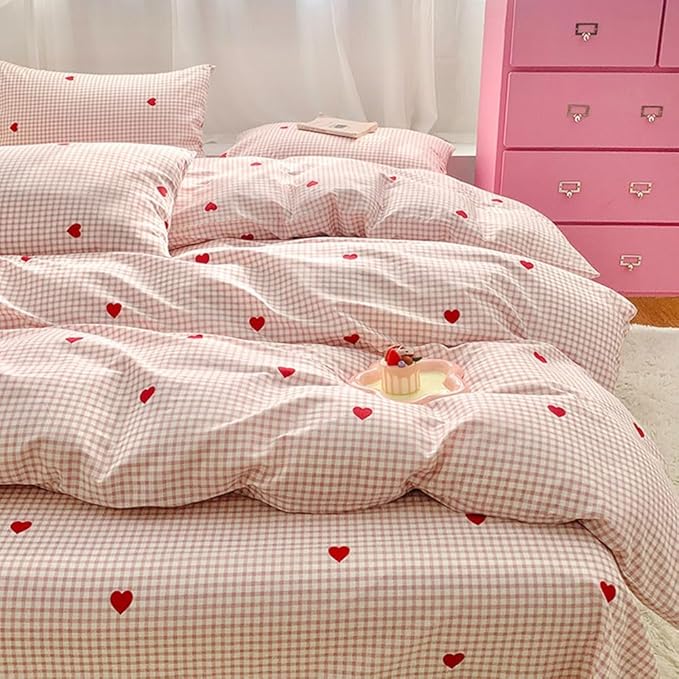Nayoroom Gingham Duvet Cover Full Size Pink Plaid Red Heart Printed on White - Image 7