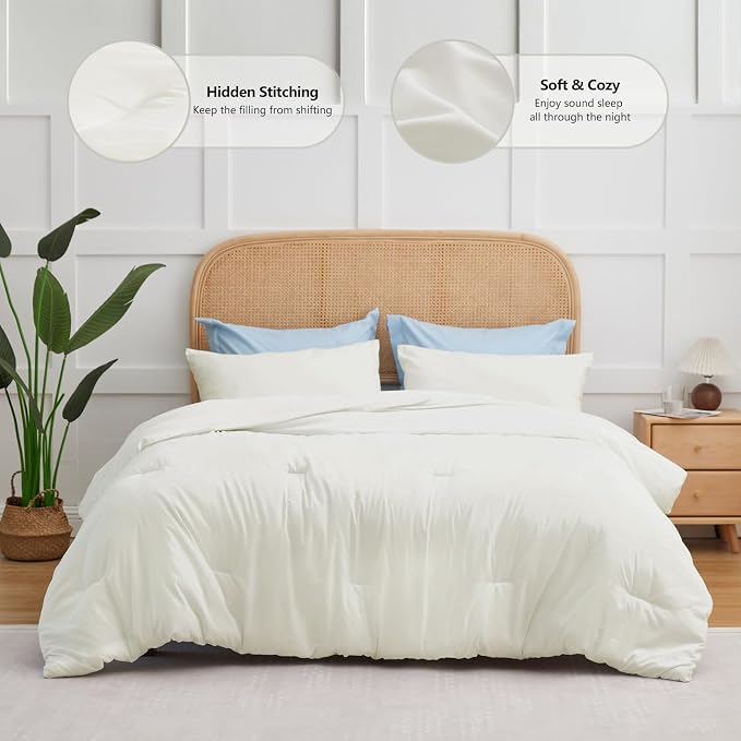 CozyLux Queen Comforter Set Ivory, 3 Pieces Solid Comforters Queen Size - Image 2