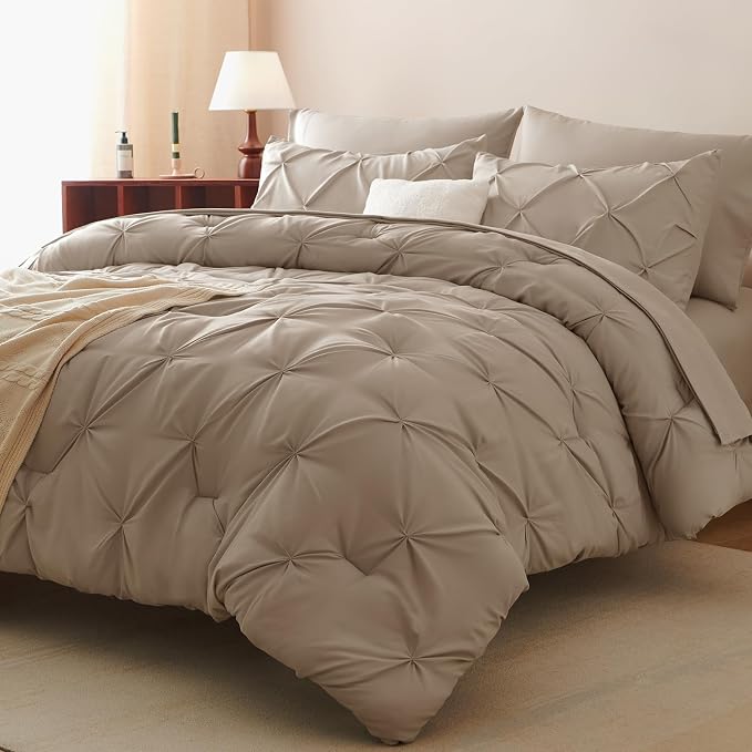 CozyLux King Size Comforter Set Khaki, 7 Pieces Pintuck Bed in A Bag Khaki - Image 7