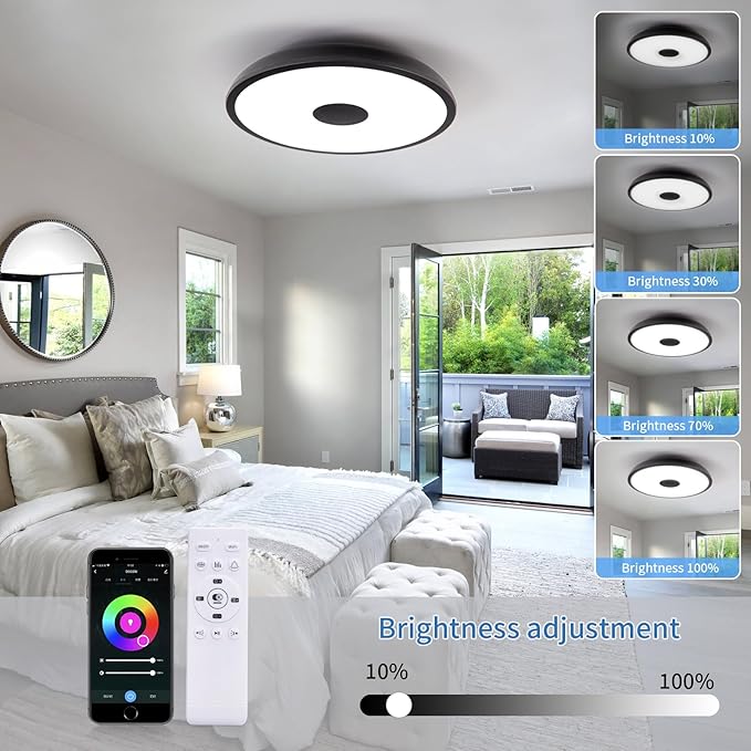 Black Smart Waterproof LED Flush Mount Ceiling Light Fixture, - Image 5