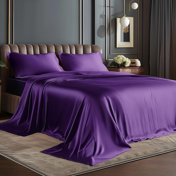 BEDELITE California King Sheets Set, Luxury Soft Plum Purple Satin Sheets by BEDELITE