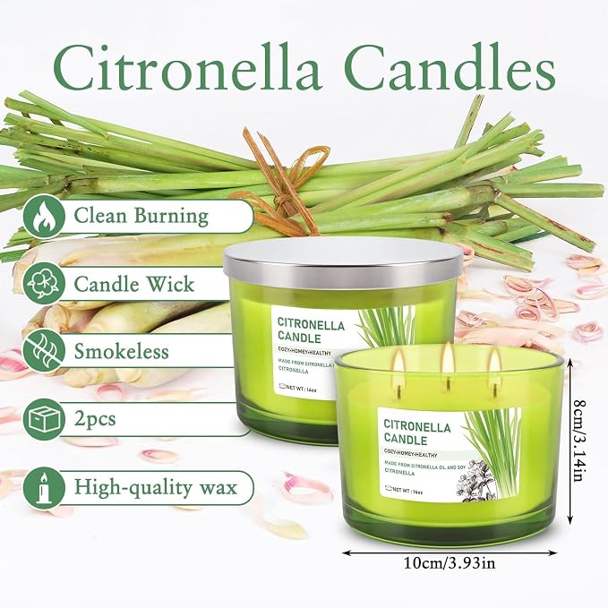 Set of 2 Green Glass Jars Citronella Oil Candles 14oz Smokeless & Outdoor - Image 6