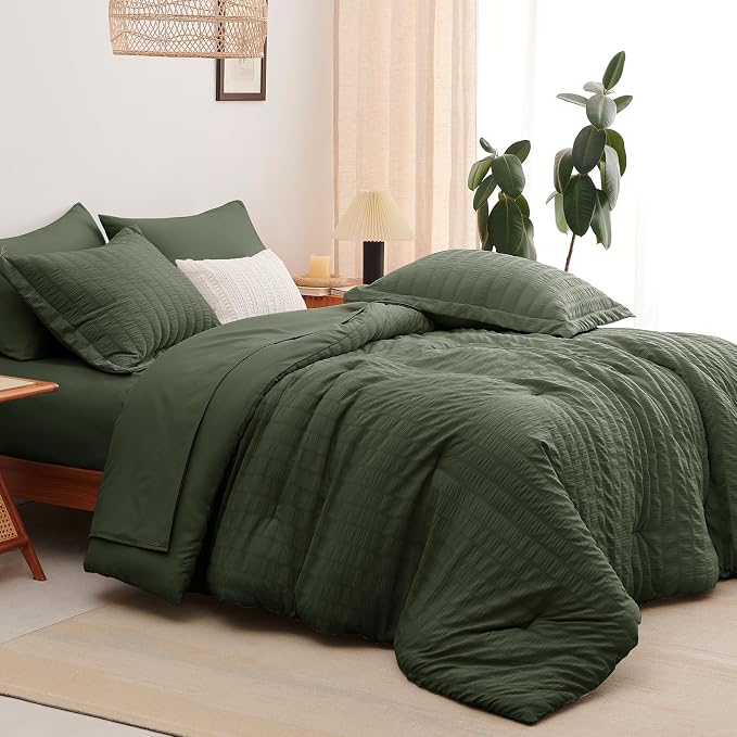 CozyLux Queen Comforter Set Dark Green Seersucker 7 Pieces Bed in a Bag Queen - Image 8