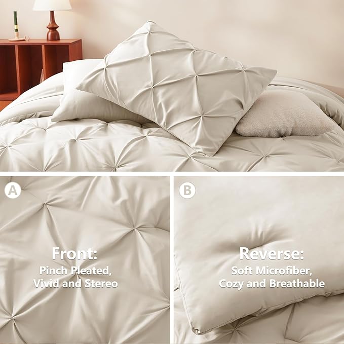 CozyLux King Size Comforter Set Beige, 7 Pieces Bed in A Bag Beige Comforter - Image 3