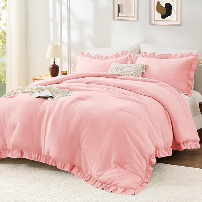 FUANNA Twin Comforter Set Pink, 2 Pieces Ruffle Twin Bed Set, Fluffy Twin by FUANNA