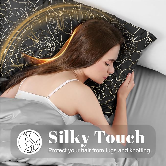 EXQ Home Satin Body Pillowcase for Hair and Skin- Rose on Black Silk Long - Image 2