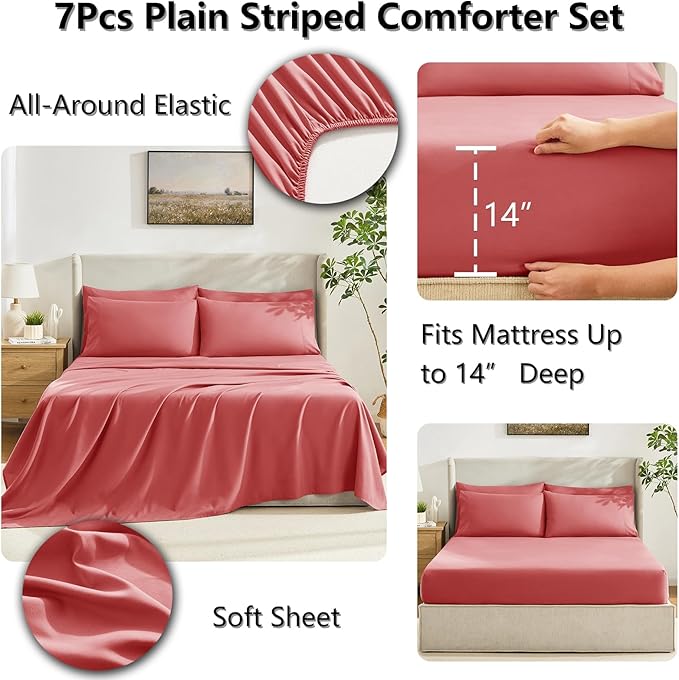 CozyLux Full Size Comforter Sets Coral, 7 Pieces Bed in a Bag, Coral Comforter - Image 5