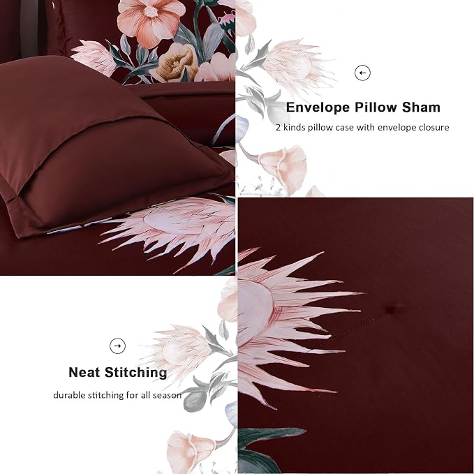 Luxudecor Burgundy Floral Comforter Set Queen Size 7 Piece, Flower Bed in a Bag - Image 6