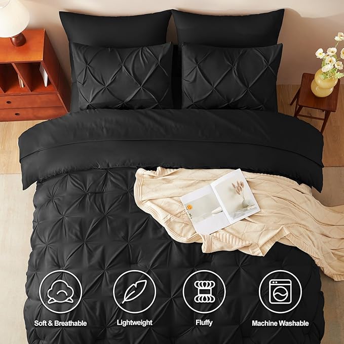 HIMEET Pintuck Bed in a Bag, 7 Pieces Oversized King Comforter Set Black - Image 2