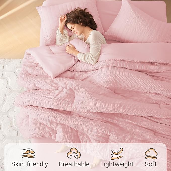 MUXHOMO 7 Pieces King Comforter Set, Seersucker Bed in a Bag King Size - Image 2