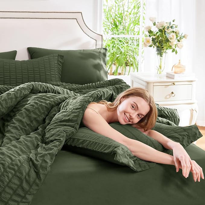 CozyLux King Size Comforter Set Olive Green Seersucker 7 Pieces Bed in a Bag - Image 7
