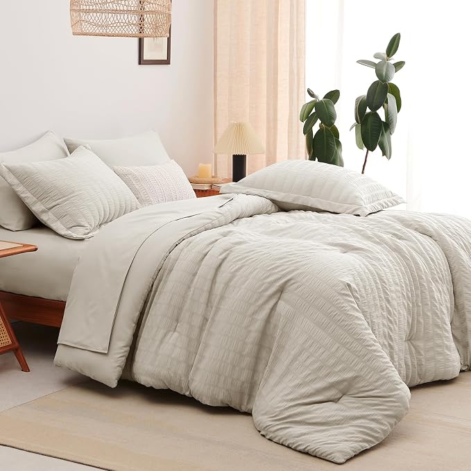 CozyLux King Size Comforter Set Beige Seersucker 7 Pieces Bed in a Bag King - Image 9