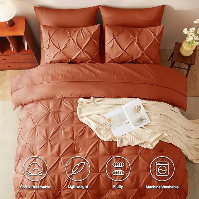 CozyLux Full Size Comforter Sets Burnt Orange, 7 Pieces Pintuck Bed in A Bag - Image 2