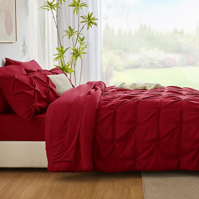CozyLux King Size Comforter Set Dark Red, 7 Pieces Pintuck Bed in A Bag Red - Image 9