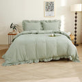 Silnuo Sage Green/White Plaid Ruffle Duvet Cover King Size, 100% Washed Cotton by Silnuo